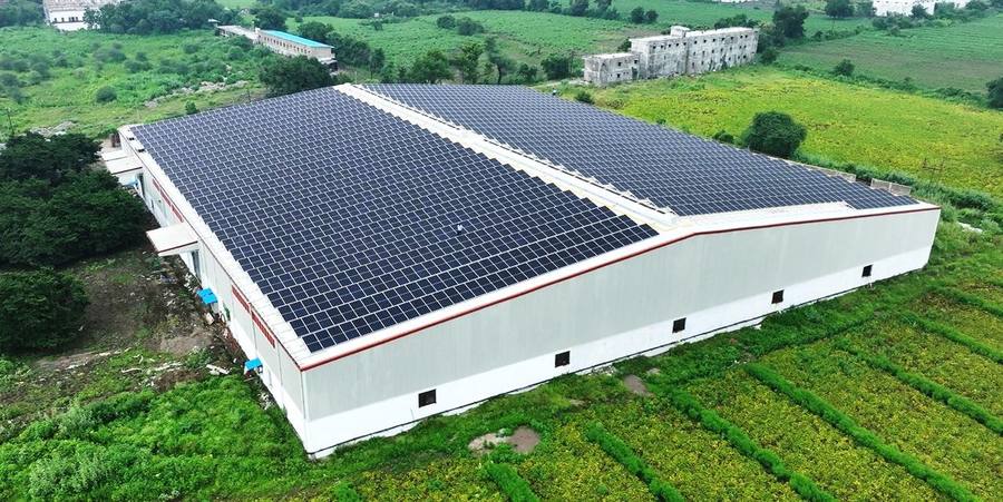 Completed rooftop solar installation, aerial view