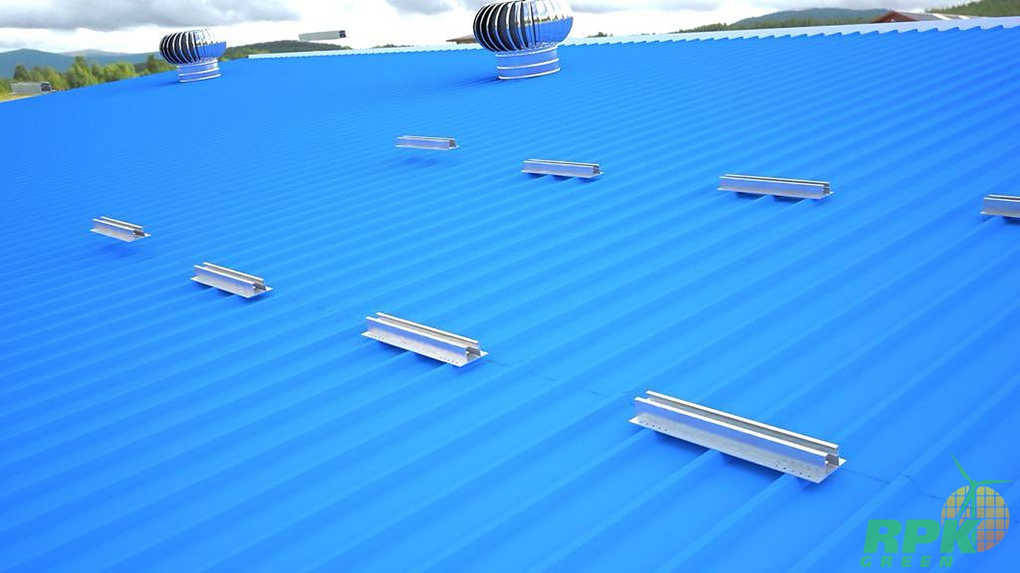 RPK rails staged across a metal sheet roof
